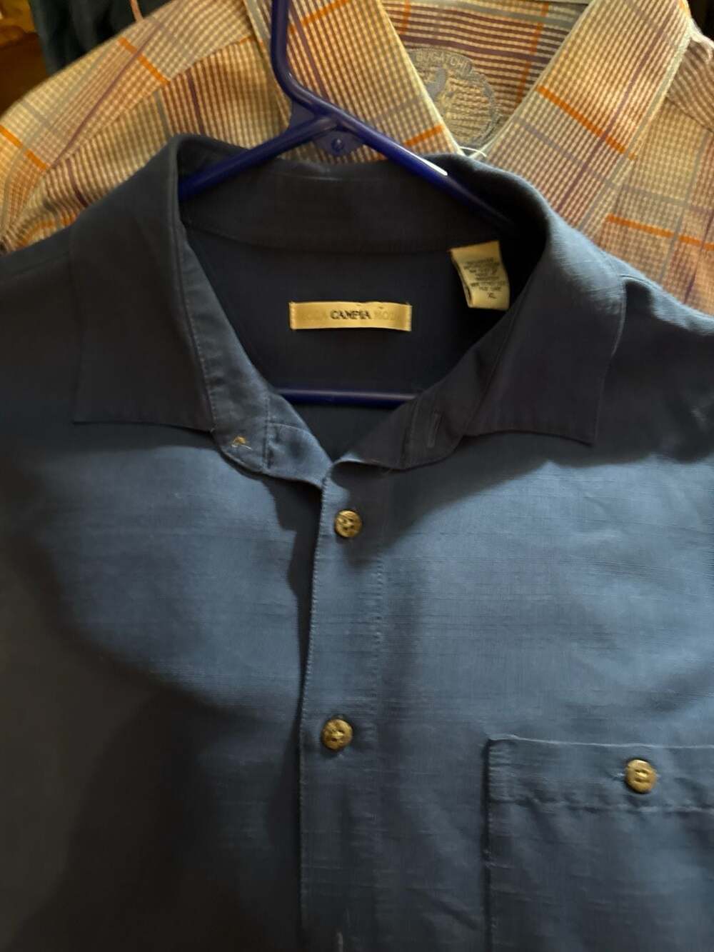 Campia Moda Men's Navy Blue Silk Blend Short Sleeve Button Down Camp Shirt